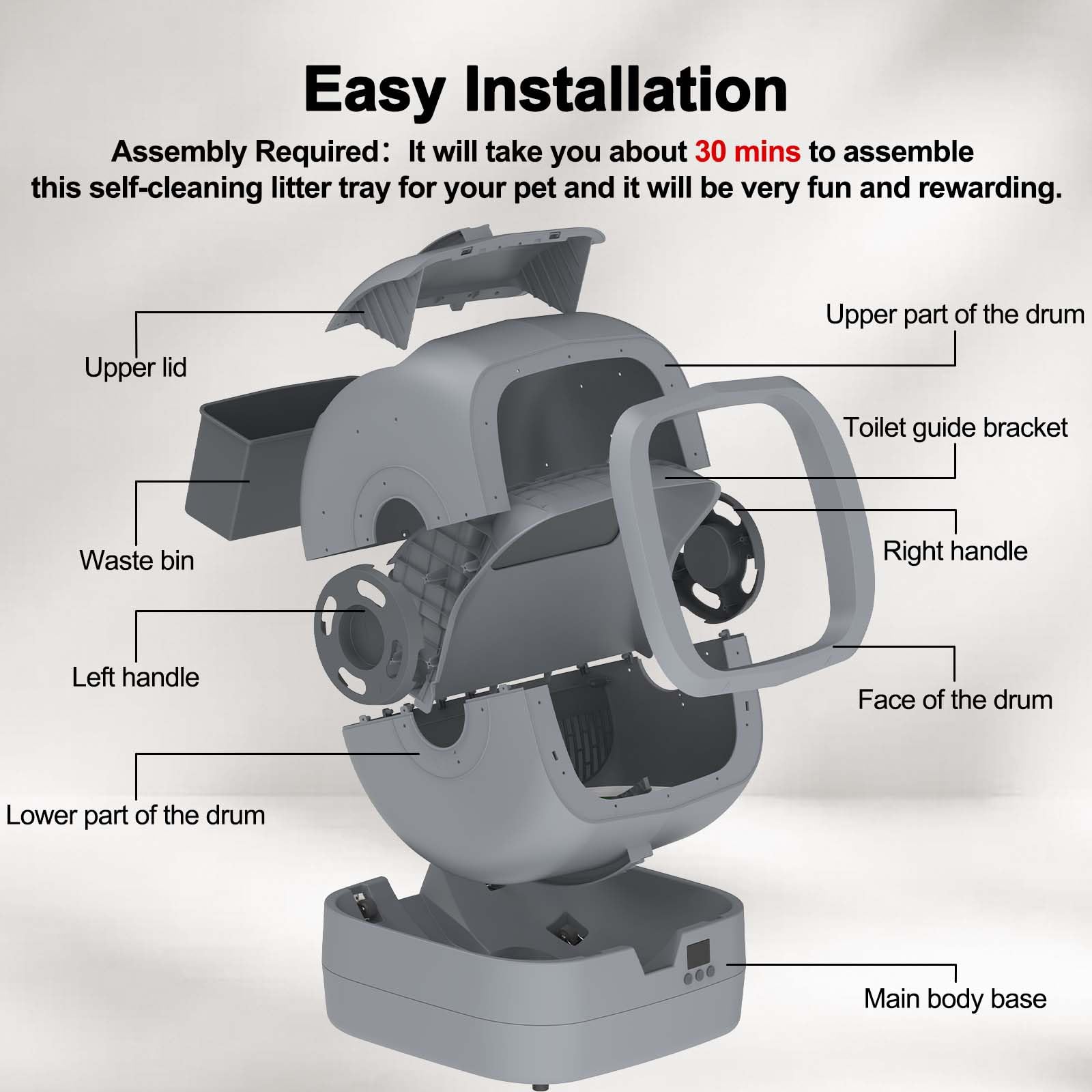 UPFAS Automatic Cat Litter Box Self Cleaning - APP Control - Weight Monitoring - Ultra-Quiet, Medium Cats and Kittens Litter Box, Safe Anti-Pinch【Assembly Required】- Grey