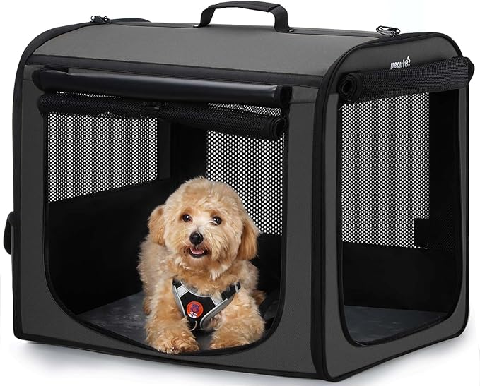 Dog Car Carrier Light Weight 24×17.7×20.5 in, Dog Carrier Easy to Assemble, Dog Car Crate Portable and Breathable, Foldable Pet Carrier for Indoor and Outdoor Use, Dogs Travel Crate with Curtain Brown