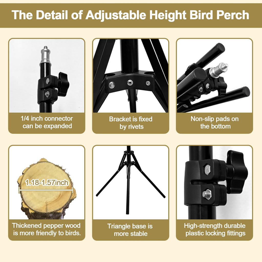 Arfubye 16-63 Inch Height Adjustable Bird Perch Pepper Wood Parrot Training Perch Stand with Feeding Cups and Swing Toy Parakeet Perches Indoor and Outdoor Parrot Stands for Small to Medium Bird