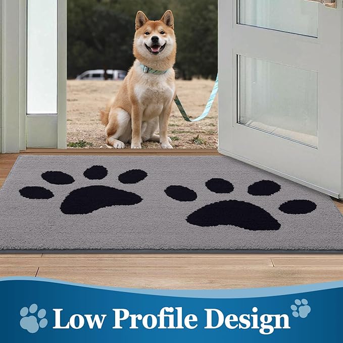 Buganda Dog Door Mat for Muddy Paws, Absorbent Dirt Trapper Washable Indoor Doormats, Non Slip Low-Profile Mud Mat for Dogs, Front Entrance Doormat for Inside Floor (30x20 Inches, Grey)