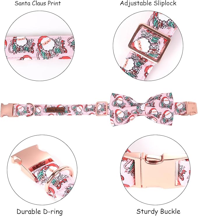 Bobo Rainbow Christmas Dog Collar, Pink Christmas Santa Claus Dog Collar Bow Tie Pet Collars with Bow Adjustable Pet Collars with Premium Metal Buckle Dogs Necklace for Medium Girl Dogs