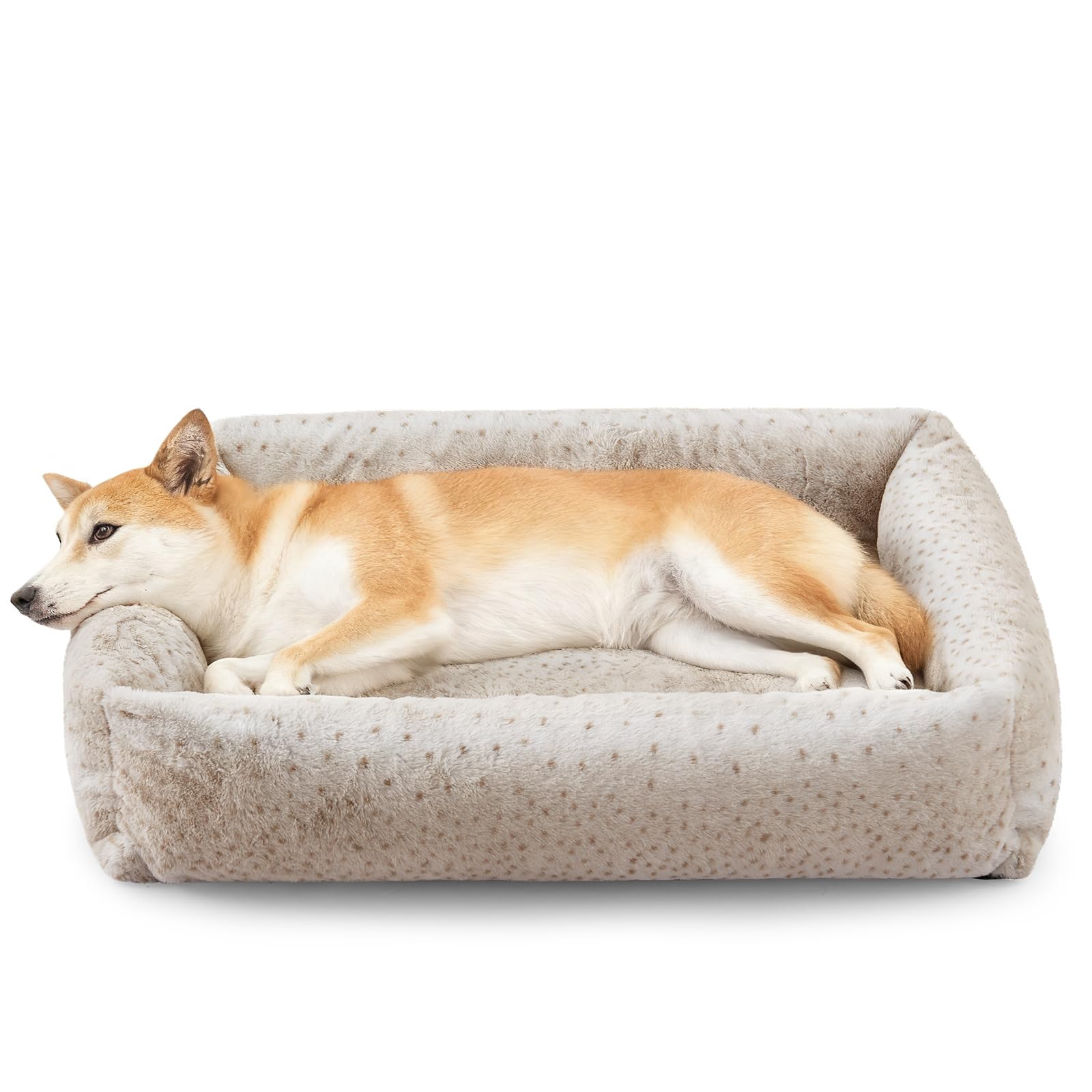 JOEJOY Large Dog Beds Large Sized Dog, Removable Washable Cover Orthopedic Soft Faux Rabbit Fur Pet Bed, Anti-Slip Fluffy Plush Faux Rabbit Fur Puppy Bed, 36"x27"x8", Leopard Print, Beige