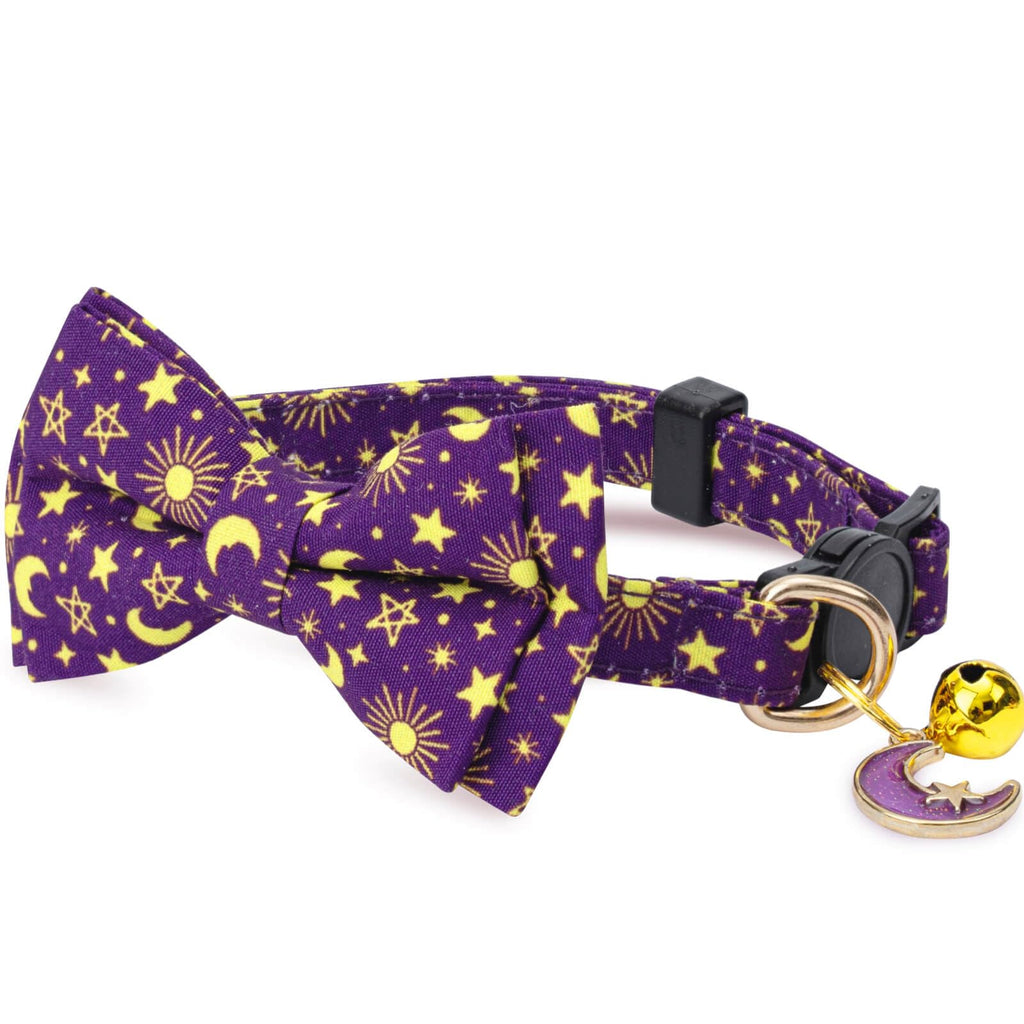 Jelwuion 2 Pack Cotton Cat Collar with Bow Tie and Bell for Girl Boy Cats,Cute Pink Flamingo and Blue Whale Pattern Spring Summer Breakaway Cat Collar for Male Female Cats (Moon&Cloud)