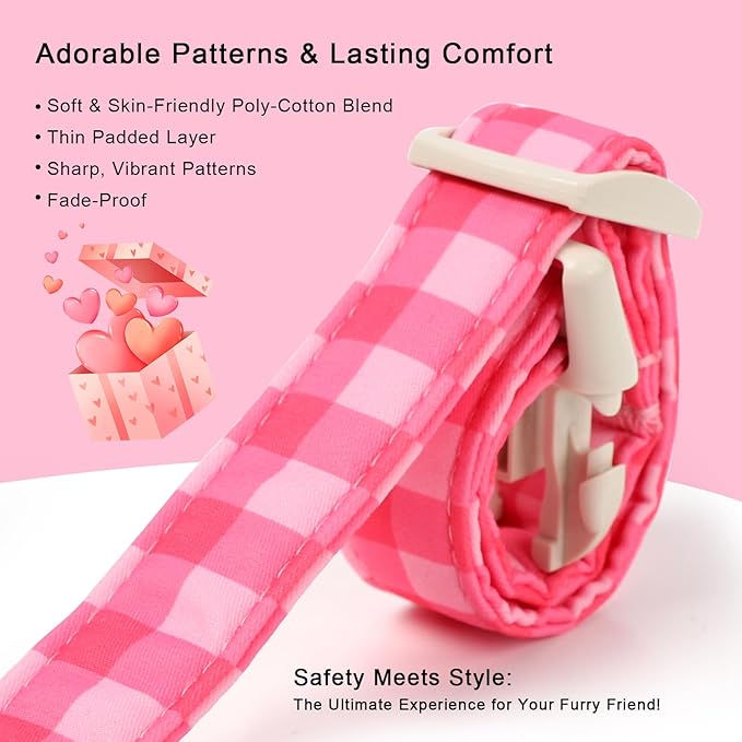 Babole Pet Girl Dog Collar for Medium Dogs - Cute Pink Plaid Puppy Collar, Soft Adjustable Spring Summer Female Dog Collars with Quick Release Buckle M