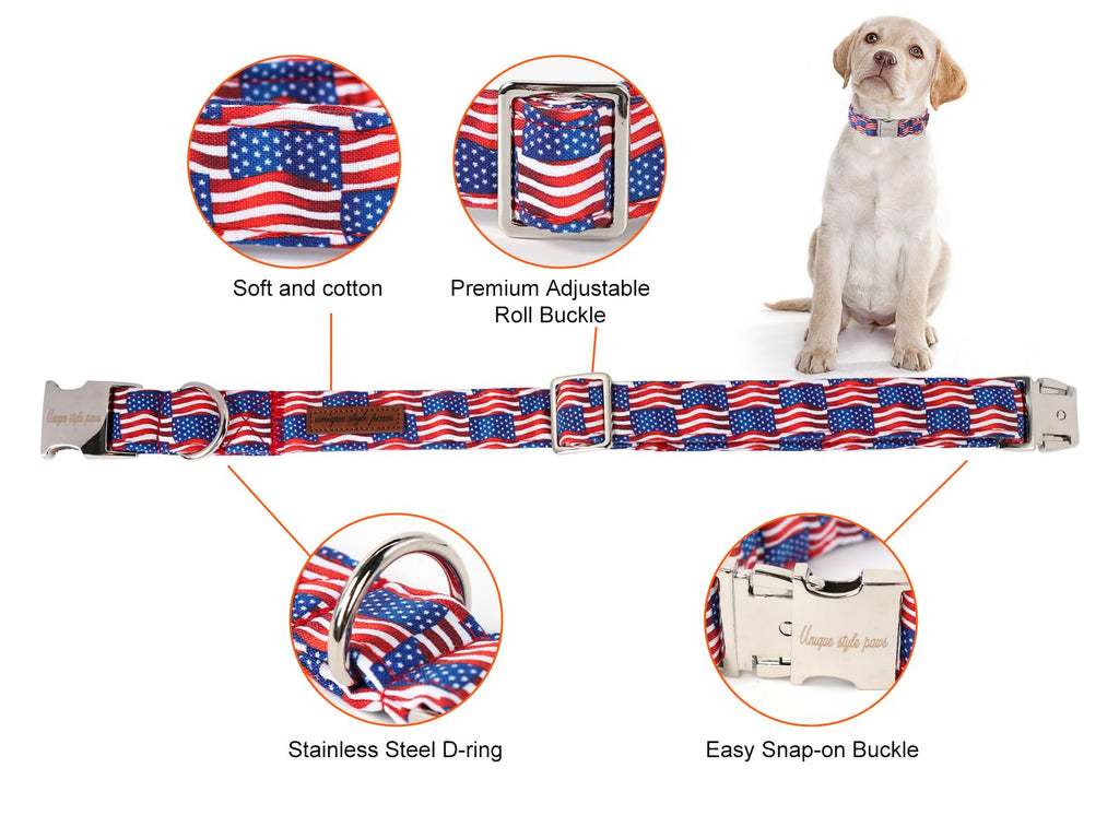 Unique style paws Independence Day Dog Collar Metal Buckle Wave Flag Collar Gift Durable Cute Collar for Small Medium Large Boys Girls Dogs