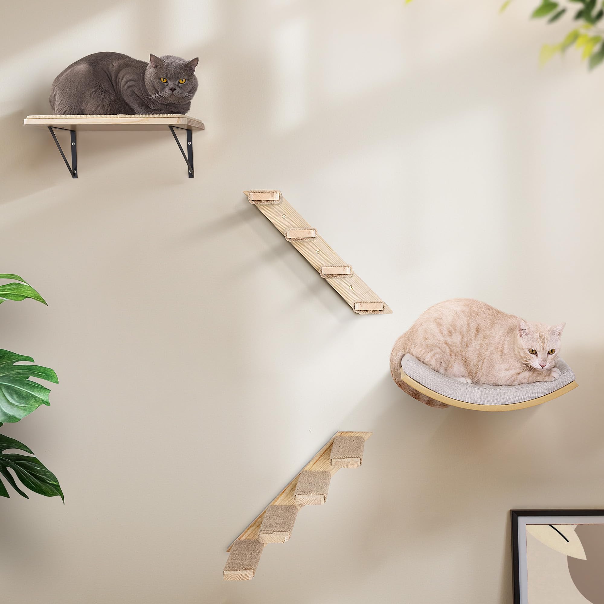 PELUOMOZ Cat Wall Stairs and Wall Shelves, 4 Piece Wood Cats Furniture Set, Padded Curved Bed with Foam, Flat Shelf & Climbing 4 Steps Stairs for Large Indoor Cats