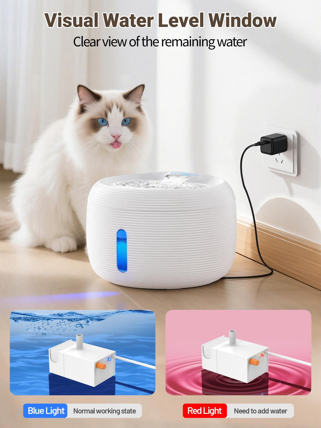 SIBAYS 3.5L Cat Water Fountain, 118oz Large Capacity Pet Water Fountain for Cats Indoor, Automatic Quiet Cat Fountains for Drinking, Dog Water Bowl Dispenser with Visible Window& LED Light(FS77,White)