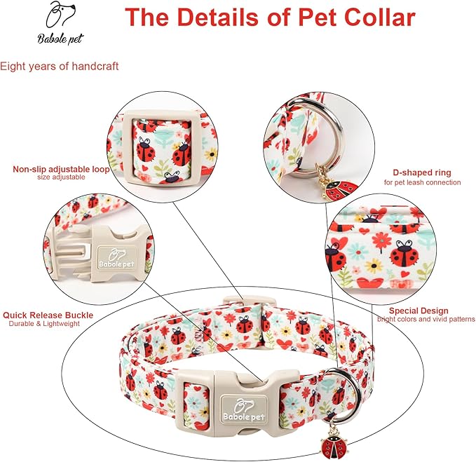 Babole Pet Ladybug Dog Collar for Large Dogs - Cute Spring/Summer Dog Collar, Lightweight Adjustable Cartoon Love Bug Garden Mom Dogs Collars with Quick Release Buckle L