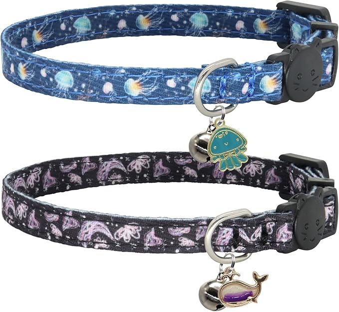 Cat Collar Breakaway, 2 Pack Cotton Kitten Collars with Bells and Removable Charms, Cute Planet Shaped for Indoor Boy, Girl and Adult Cats