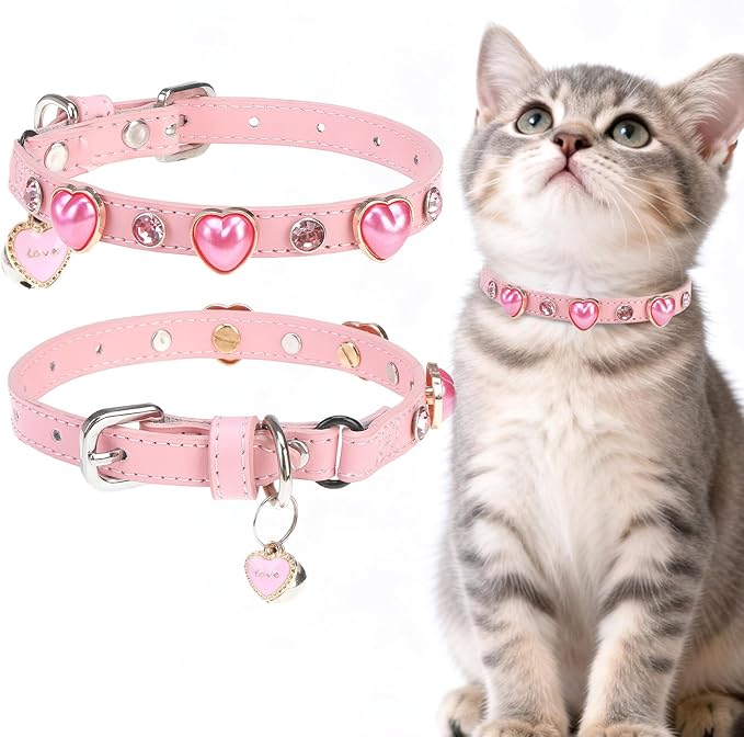 EXPAWLORER Leather Cat Collar for Girl Boy Cats,Pink(Heart Diamond Rivet)