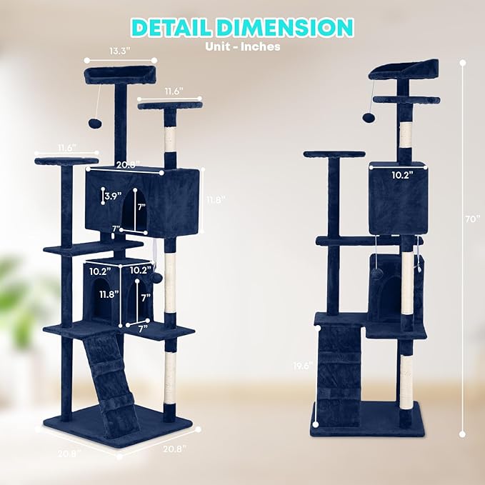 FDW | 70" Cat Tree Tower | Navy Blue | Multi-Level Indoor Activity Center with Sisal Scratching Posts, Condos, Plush Perches, Hanging Cat Toys | Sturdy, Easy to Assemble | for Kittens & Adult Cats