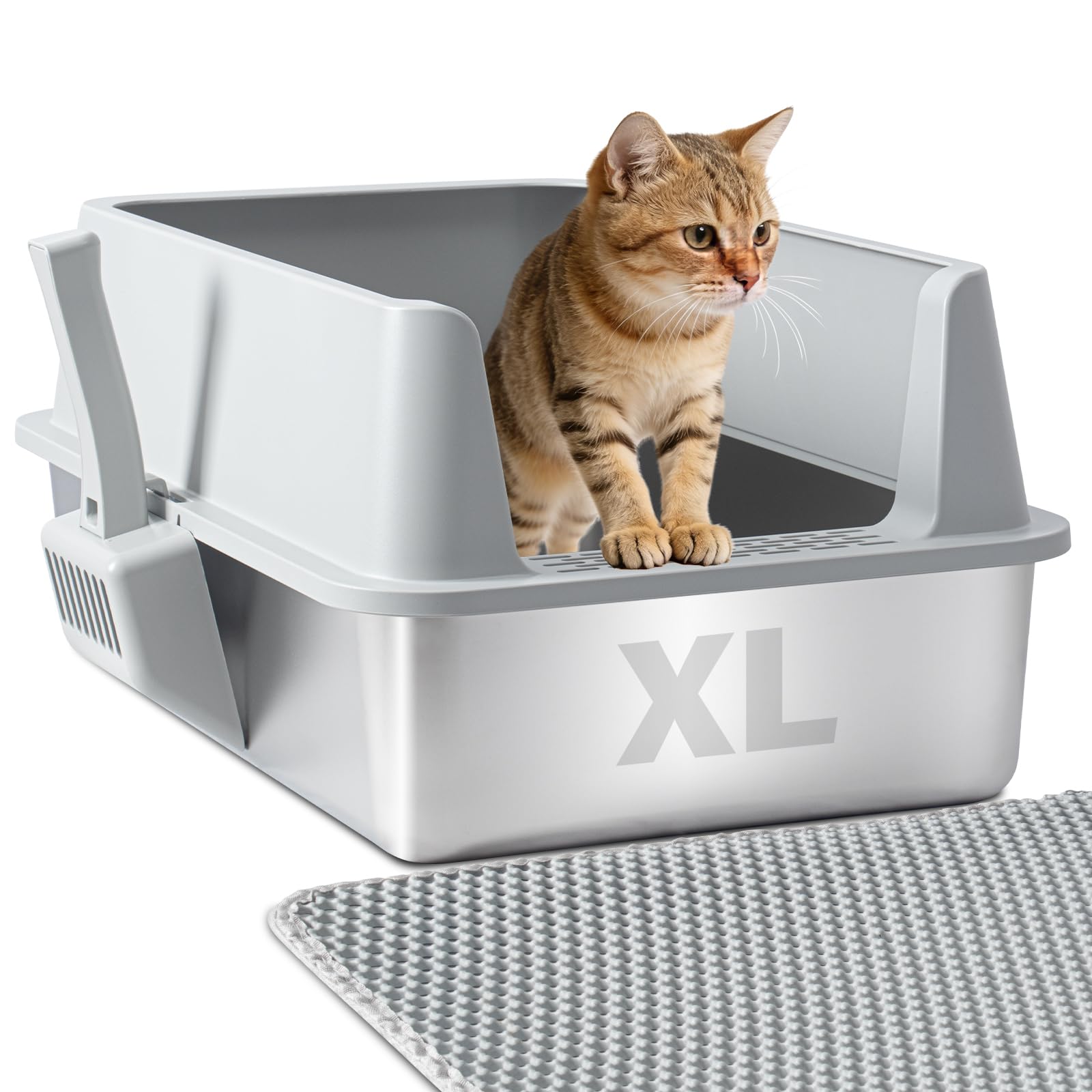 FUTAM Stainless Steel Litter Box, XL Metal Litter Box with Lid