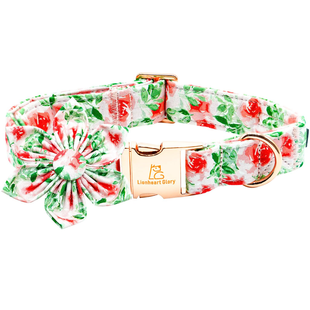 Lionheart glory Dog Collar Flowers Collar Floral Dog Collar with Flower Spring Summer Cute Collar Dog Boy or Girl Dog Collars Soft Durable Adjustable Dog Collars for Small Dogs, Red Roses