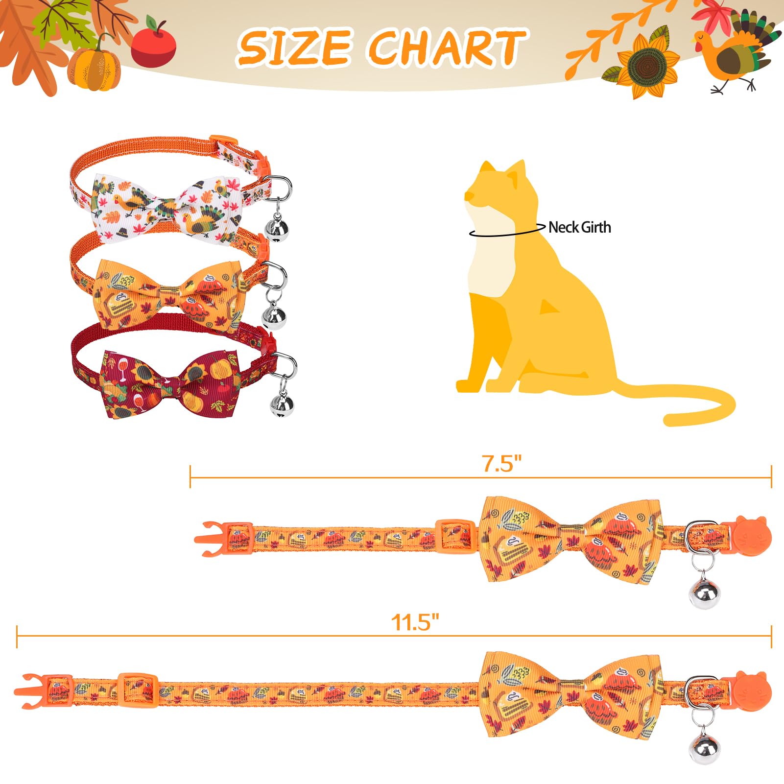 SCENEREAL Thanksgiving Cat Collar Breakaway, 3 Pack Kitten Collars with Bell, Bowtie and Safety Buckle - Adjustable Cute Holiday Cat Collars with Turkey and Pumpkin Pattern for Girl Boy