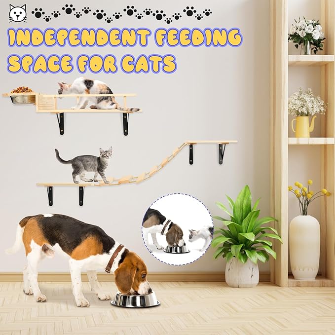 TIMIEEYA Cat Wall Shelves - Stable & Safe 5 in 1 Cat Walls Furniture Set, Wooden Kitten Climbing Wall with Bridge Ladder & Wall Steps
