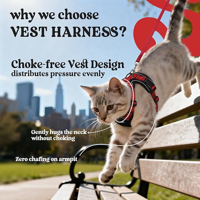 rabbitgoo Cat Harness and Leash for Walking, Escape Proof Soft Adjustable Vest Harnesses for Cats, Easy Control Breathable Reflective Strips Jacket, Black & Red, XXS