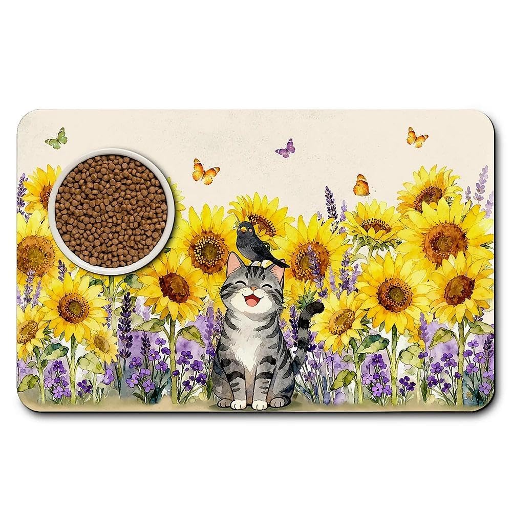 Dog Food Mat for Pet Cat Food Mat, Sunflower Absorbent Quick Dry Dog Bowl Mats for Food and Water, Non-Slip Cat Pet Feeding Mats for Floor Placemats 12"x20"