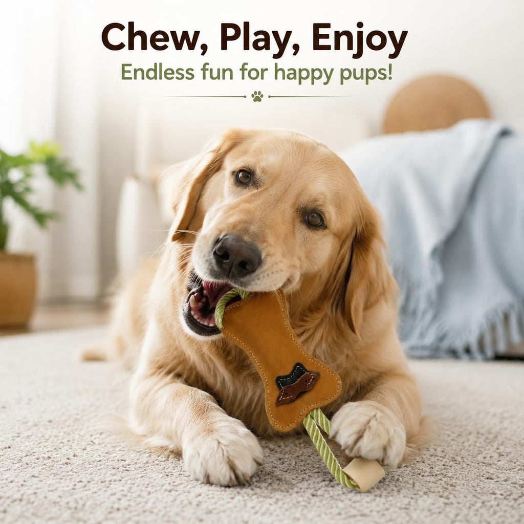 PAWPOURRI Natural Suede Leather and Rope Chew Toy with Bone Design for Medium and Large Dogs | Durable Interactive Play Toy | Great for Fetch, Tug and Daily Chewing Fun
