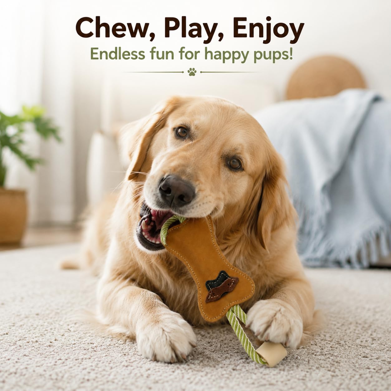 PAWPOURRI Natural Suede Leather and Rope Chew Toy with Bone Design for Medium and Large Dogs | Durable Interactive Play Toy | Great for Fetch, Tug and Daily Chewing Fun