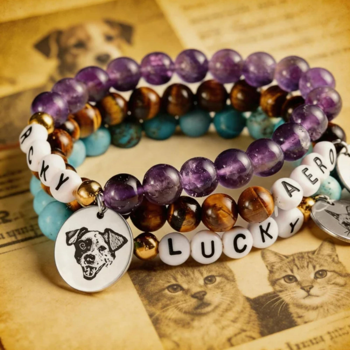 Cring Coco Custom Pet Portrait Bracelet Dog Cat Loss Memorial Keepsake Gift, Photo Engraved with Name Stretch Natural Stone Bracelets Funeral Jewelry,Initial Peanuts in Memory Remembrance Cat Dog