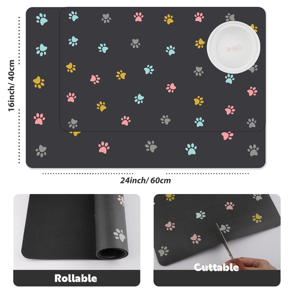 Yetstock Cat Food Mat Absorbent Dog Mat for Food and Water Non Slip Quick Dry Dog Bowl Mats for Floors 24" X 16" Paw Dark Gray