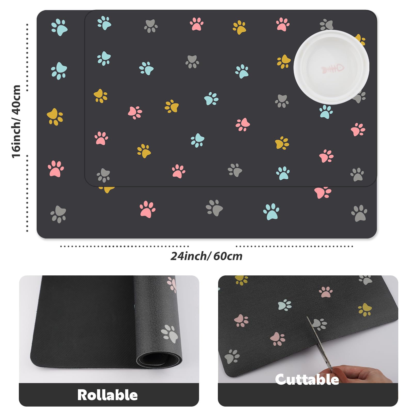 Yetstock Cat Food Mat Absorbent Dog Mat for Food and Water Non Slip Quick Dry Dog Bowl Mats for Floors 24" X 16" Paw Dark Gray