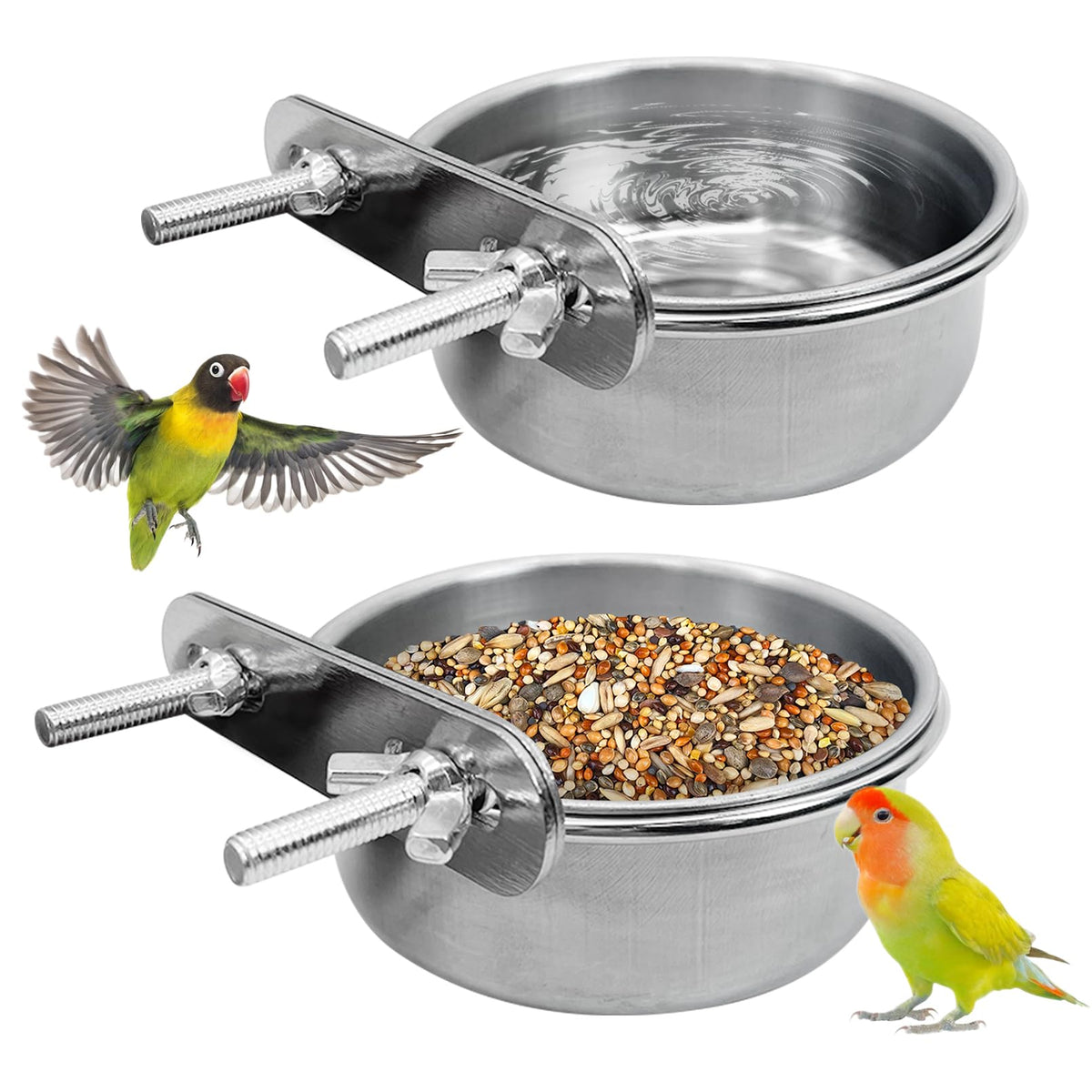 PINVNBY Parrot Feeding Cups Birds Food Dish Stainless Steel Parrot Feeders Water Cage Bowls with Clamp Holder for Cockatiel Conure Budgies Parakeet Parrot Macaw Small Animal Chinchilla Pack of 2