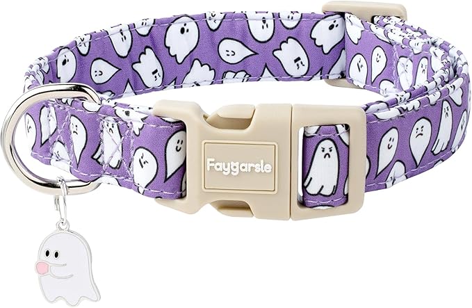 Faygarsle Halloween Dog Collar with Charm, Purple with Ghost Pattern, for Small Medium Large Dogs, S