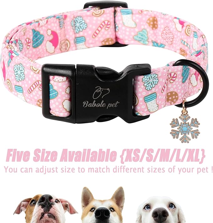 Babole Pet Christmas Dog Collar for Small Dogs - Cute Snowflake Print Pink Christmas Collars for Dogs, Soft Adjustable Winter Holiday Dog Collars with Quick Release Buckle S