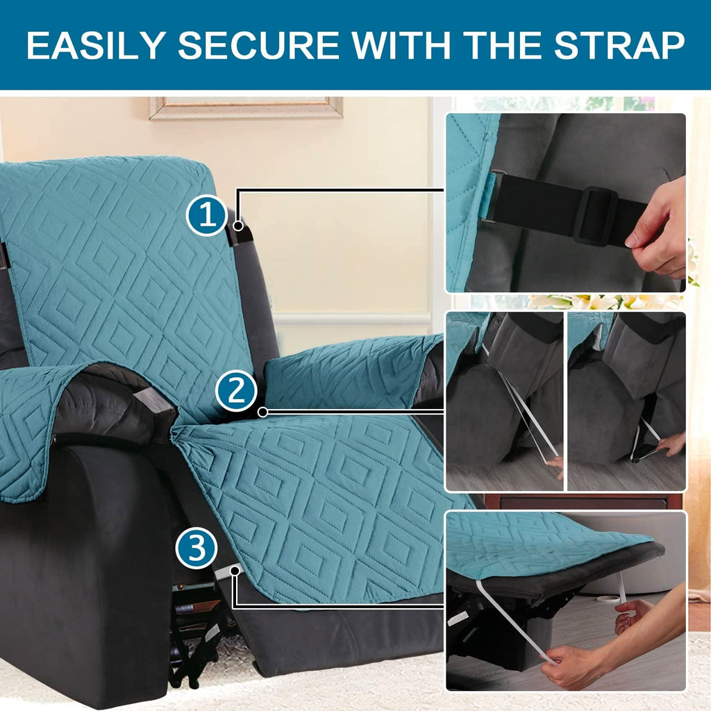 H.VERSAILTEX Reversible Quilted Recliner Covers Water Resistant Furniture Protector for Reclienr Chair with Elastic Straps for Pets Kids Sitting Width Up to 22"(Recliner, Cameo Blue/Beige)