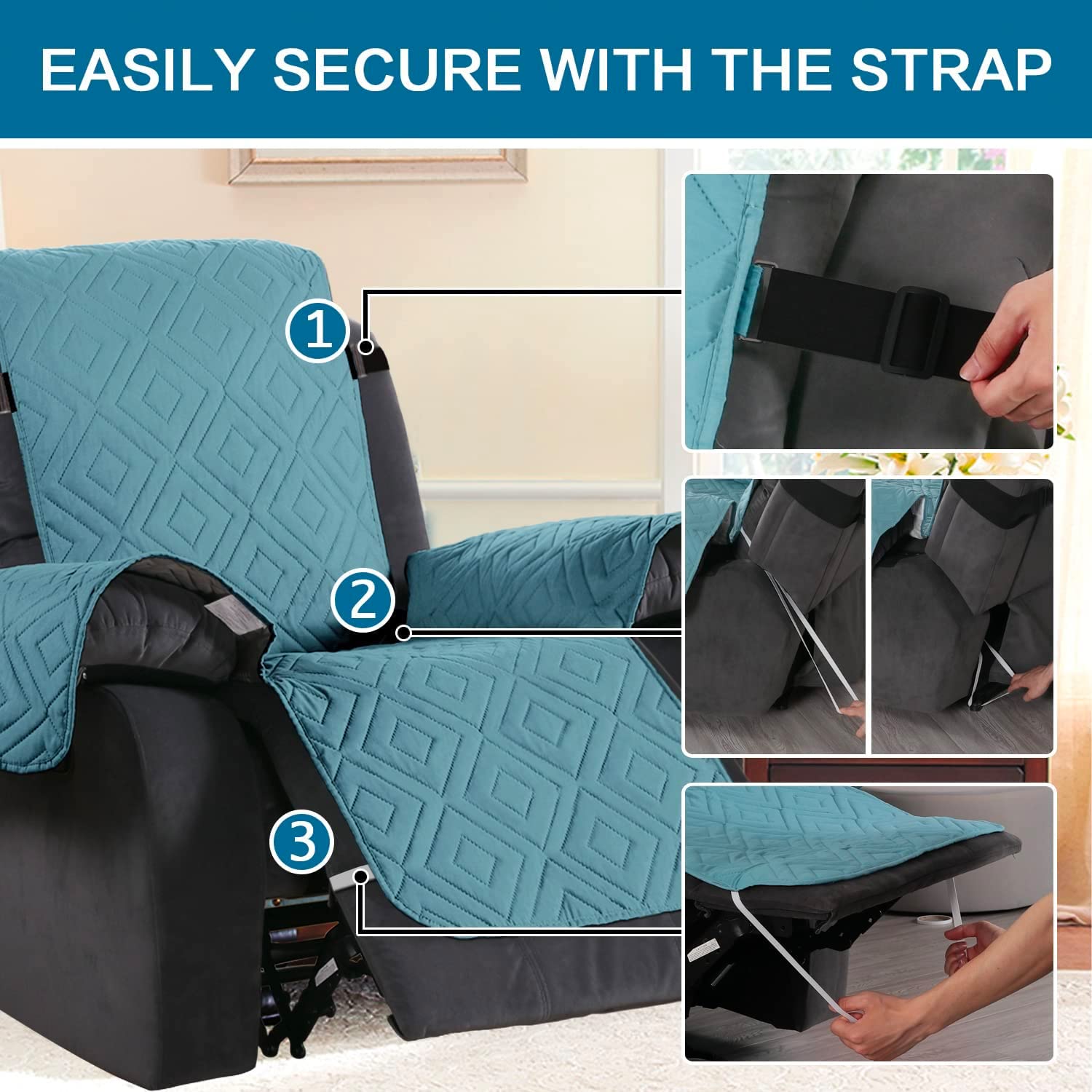 H.VERSAILTEX Reversible Quilted Recliner Covers Water Resistant Furniture Protector for Reclienr Chair with Elastic Straps for Pets Kids Sitting Width Up to 22"(Recliner, Cameo Blue/Beige)