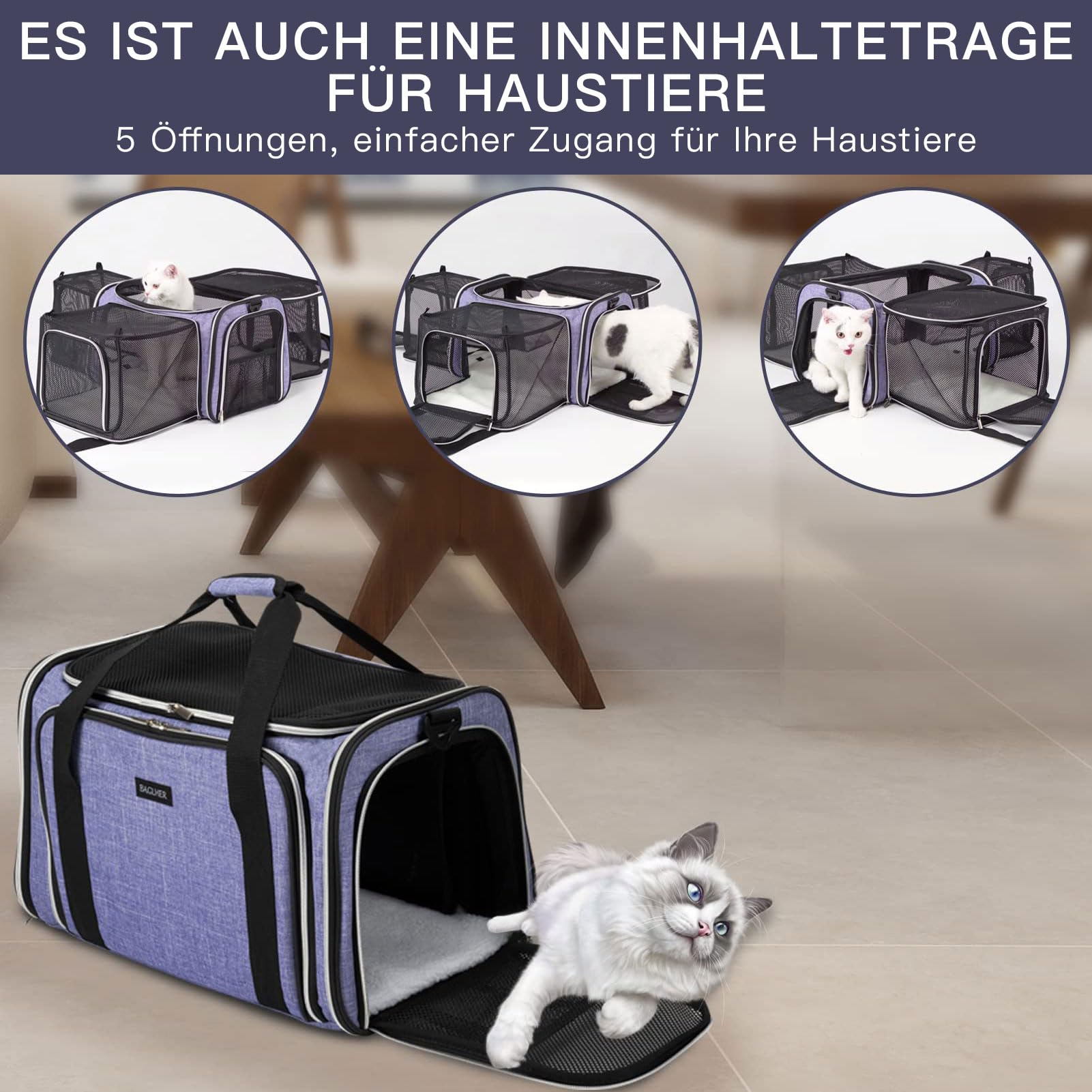 BAGLHER Expandable Cat Carrier with Travel Litter Box, Pet Travel 5 Sides Open Doors 3 Sides, Leak-Proof and Collapsible, for Car, Airplane Trip, Purple