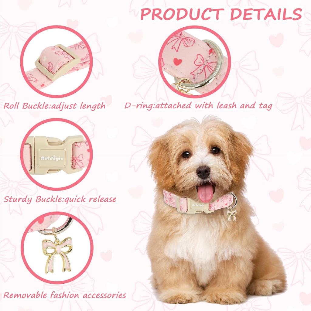 Astdogio Pink Bow Dog Collar, Adjustable Cotton Dog Collar for Small Medium Large Dogs, Cute Puppy Collars for Girl Female Dogs, Ideal for Gifts,Pet Accessory,M