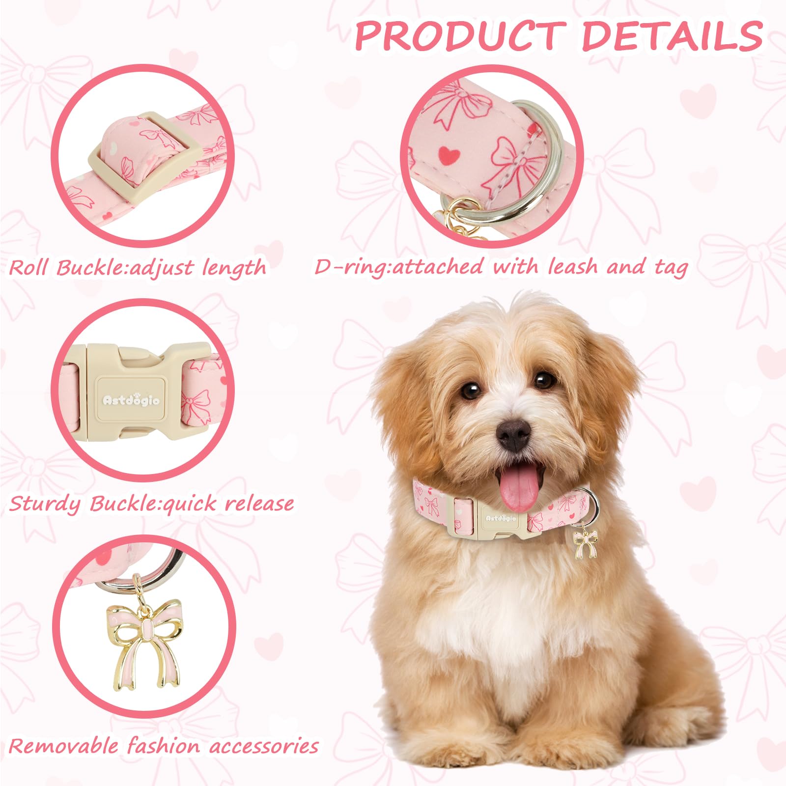 Astdogio Pink Bow Dog Collar, Adjustable Cotton Dog Collar for Small Medium Large Dogs, Cute Puppy Collars for Girl Female Dogs, Ideal for Gifts,Pet Accessory,M