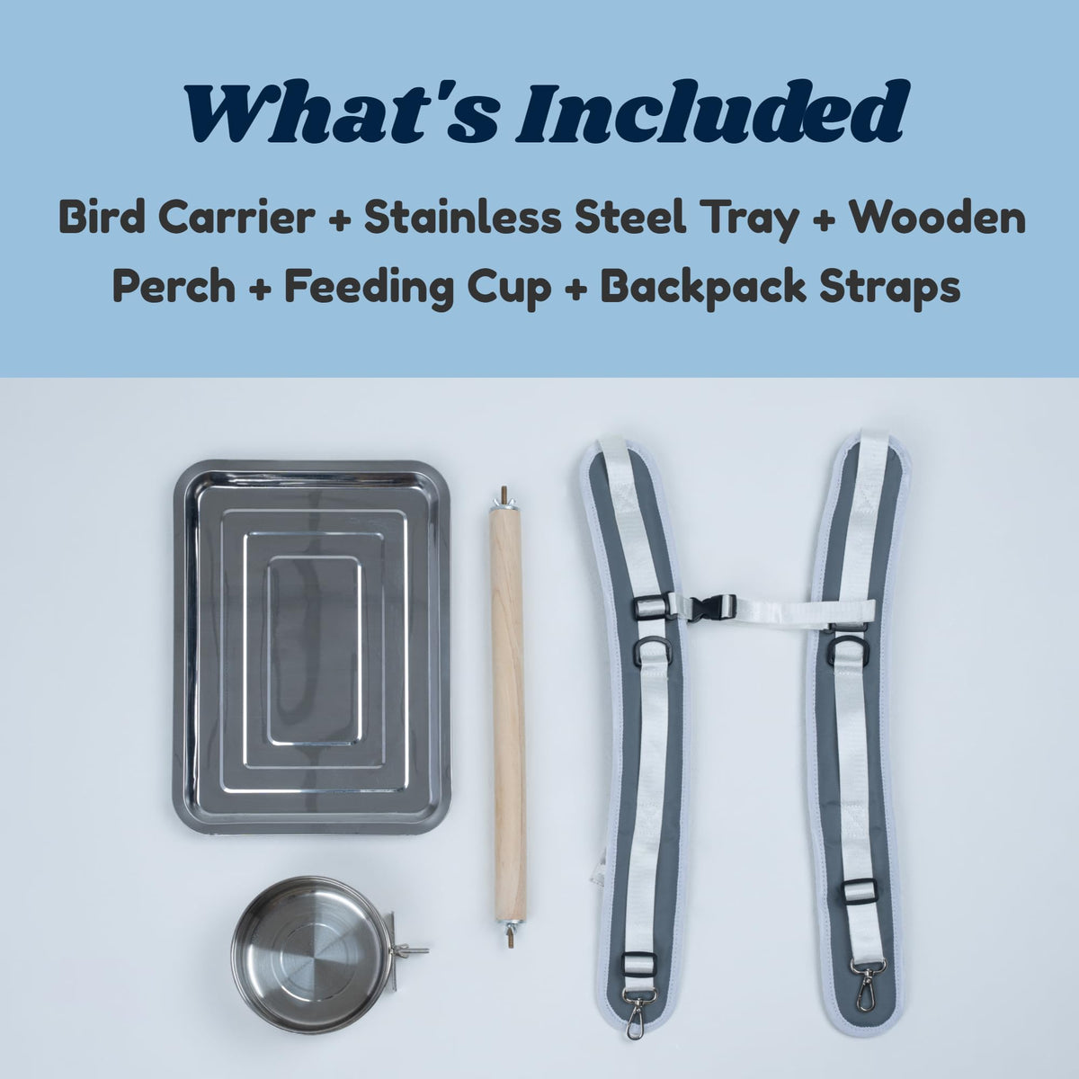Birds Day Cockatoo Carrier Backpack-Parrot Travel Cage with Wooden Perch and Food Bowl, Stainless Steel Tray (Charcoal Gray, Cockatoo & Similar)