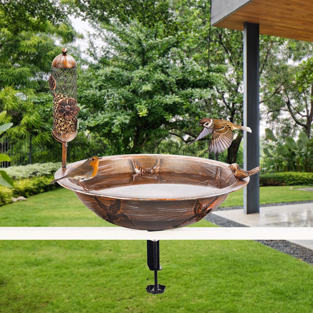 DREAMSOUL Deck Bird Bath with Feeder, 13" Bird Bath for Outside with Adjustable Sturdy Steel Clamp, Metal Birdbath Bowl for Railing Balcony Patio Decor