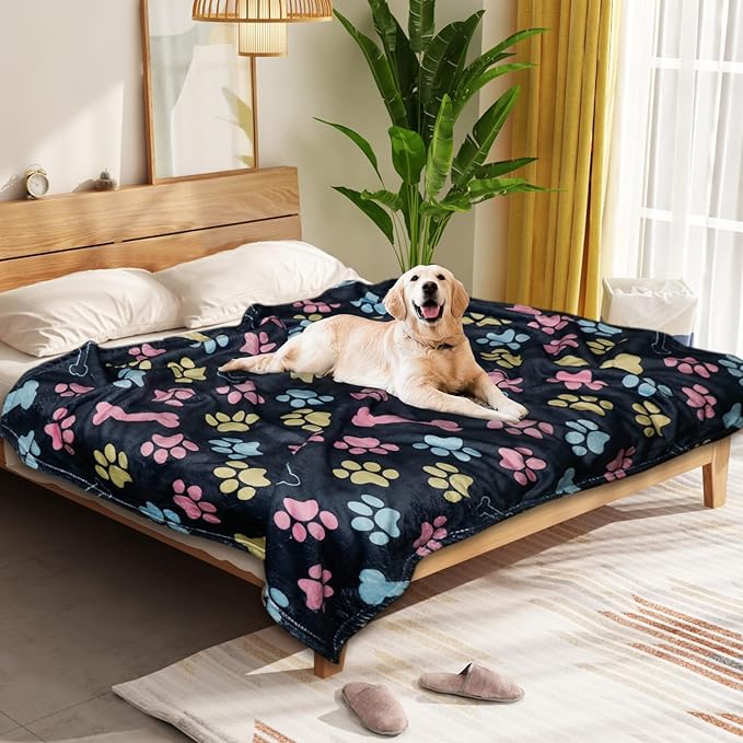 Gowyeg Dog Blanket for Large Dogs, Soft Flannel Cute Paw Navy Blue 60"x50"