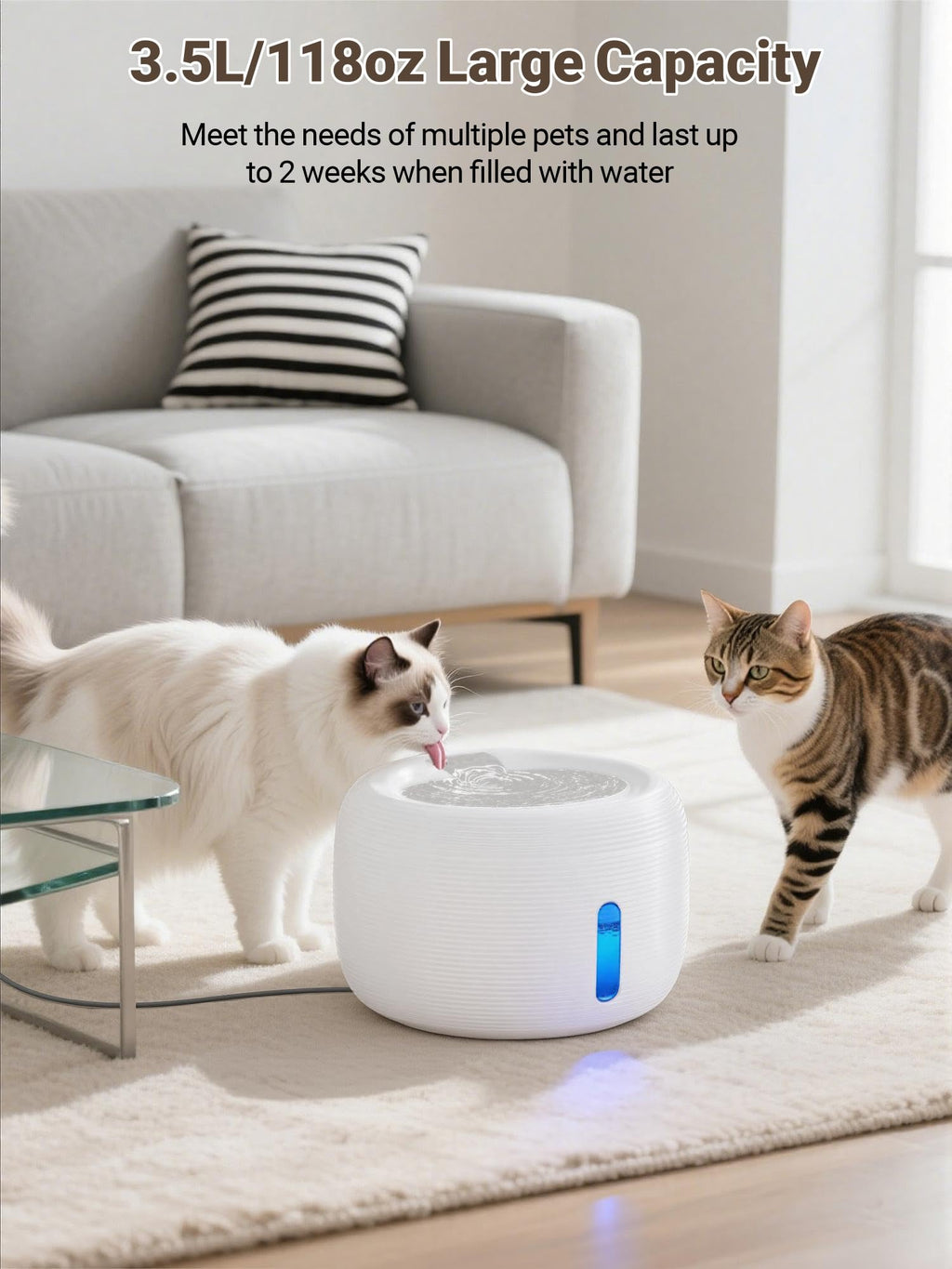 SIBAYS 3.5L Cat Water Fountain, 118oz Large Capacity Pet Water Fountain for Cats Indoor, Automatic Quiet Cat Fountains for Drinking, Dog Water Bowl Dispenser with Visible Window& LED Light(FS77,White)
