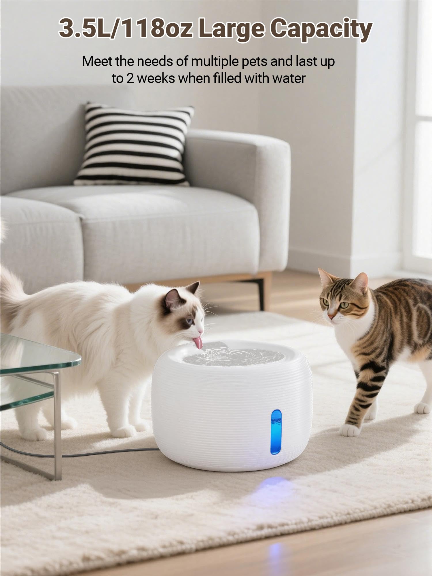 SIBAYS 3.5L Cat Water Fountain, 118oz Large Capacity Pet Water Fountain for Cats Indoor, Automatic Quiet Cat Fountains for Drinking, Dog Water Bowl Dispenser with Visible Window& LED Light(FS77,White)