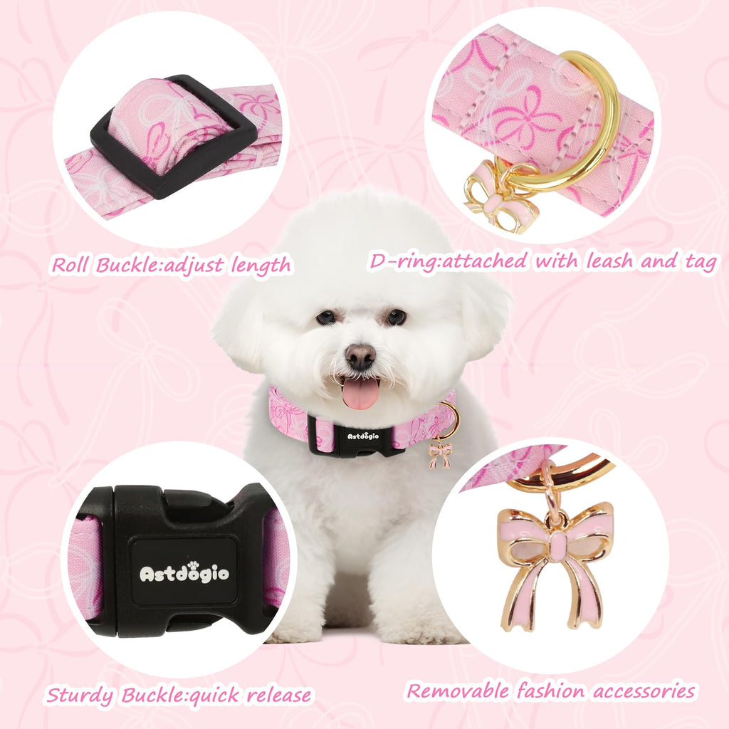 Astdogio Extra Small Dog Collar, Girl Boy Dog Collars with Bow Pattern, Adjustable Cotton Pink Dog Collar for Puppy, Cute Holiday Collars for Dogs, Ideal for Gifts,Pet Accessory,Daily Walk-XS