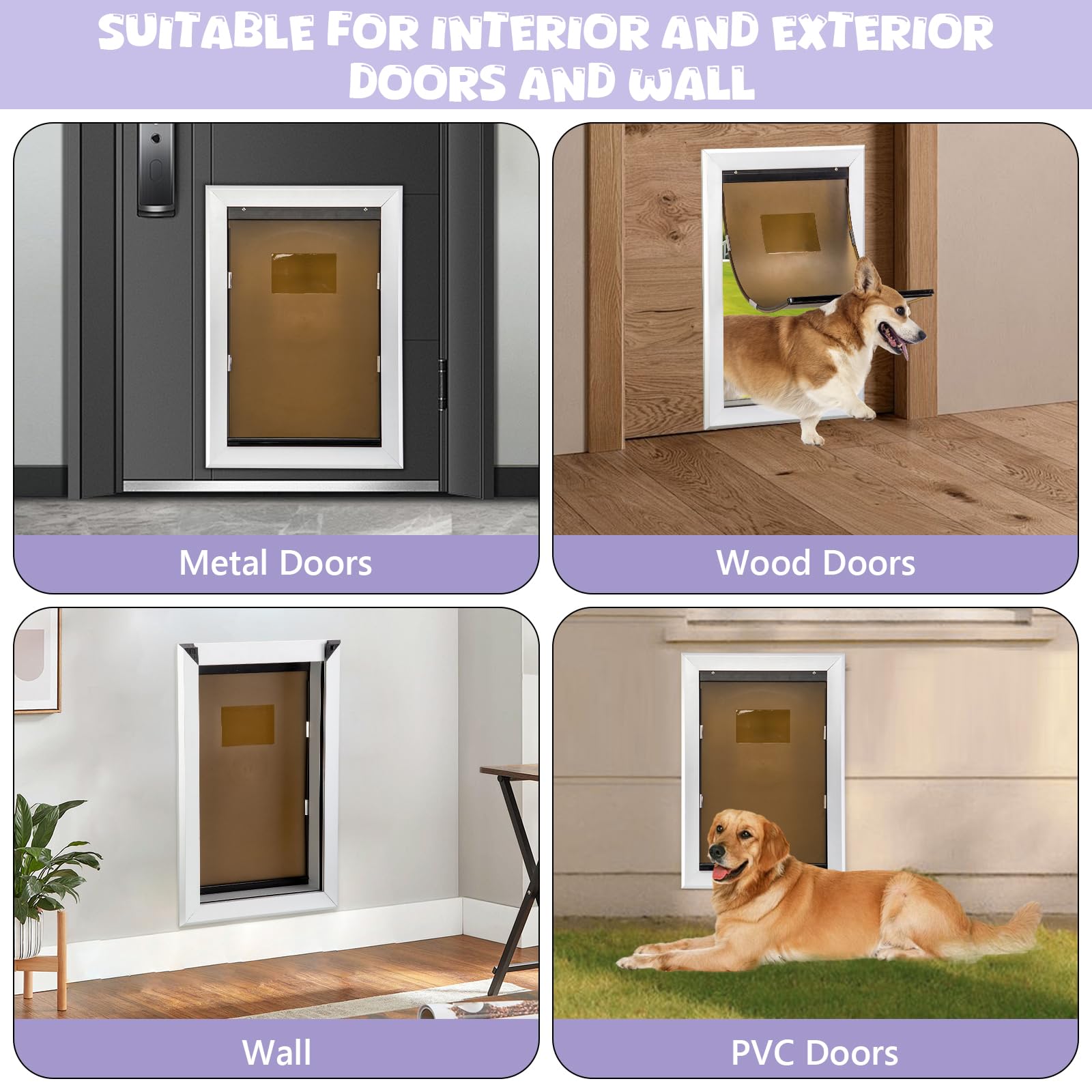 Rseord Durable Pet Door, Aluminum Door for Dog and Pets, X-Large Doggie Door with Automatic Closing Magnetic Flaps, Ideal for Interior and Exterior Doors, Screen and Wall, Weather Resistant