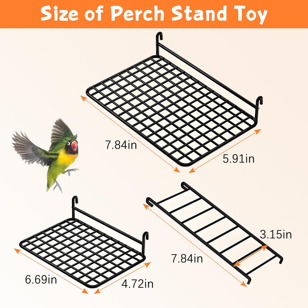 BNOSDM 4 PCS Bird Perches Platform, Stainless Steel Grid Platform for Parakeet Parrot Stand with Climbing Ladder Bird Cage Accessories for Small to Large Birds (Black)