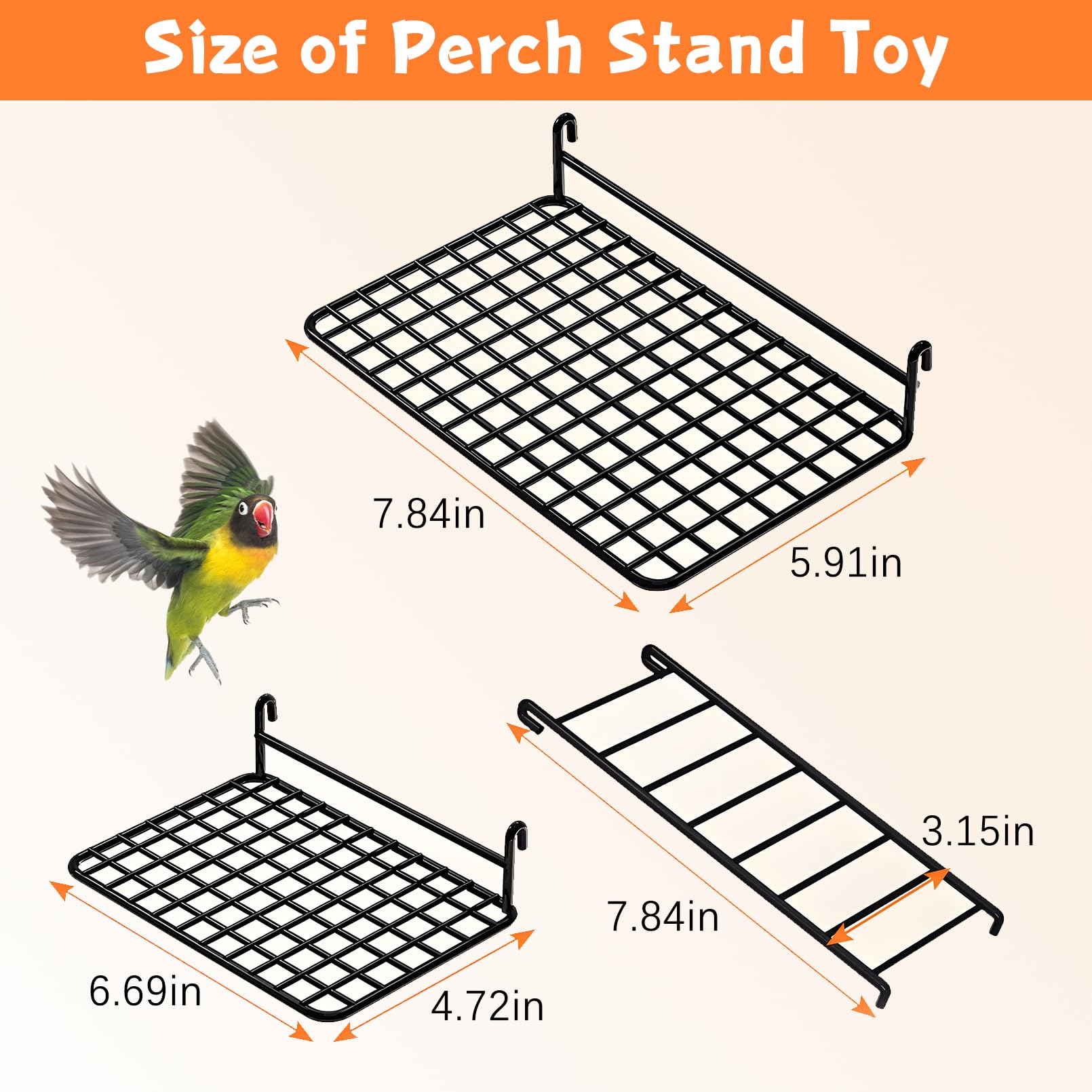 BNOSDM 4 PCS Bird Perches Platform, Stainless Steel Grid Platform for Parakeet Parrot Stand with Climbing Ladder Bird Cage Accessories for Small to Large Birds (Black)