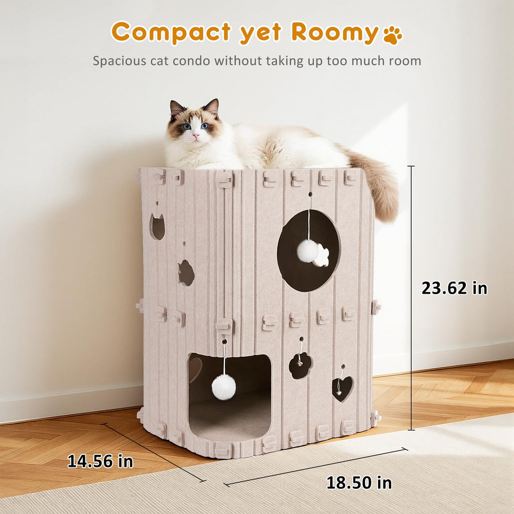 TOYSBOOM Cat House for Indoor Cats - 2-Story Enclosed Cat Bed Cave for Multiple & Large Cats, Felt Covered Pet Hideaway Tunnel Condo House, Kitty Hut Hideout Cube, Scratch Resistant, Beige