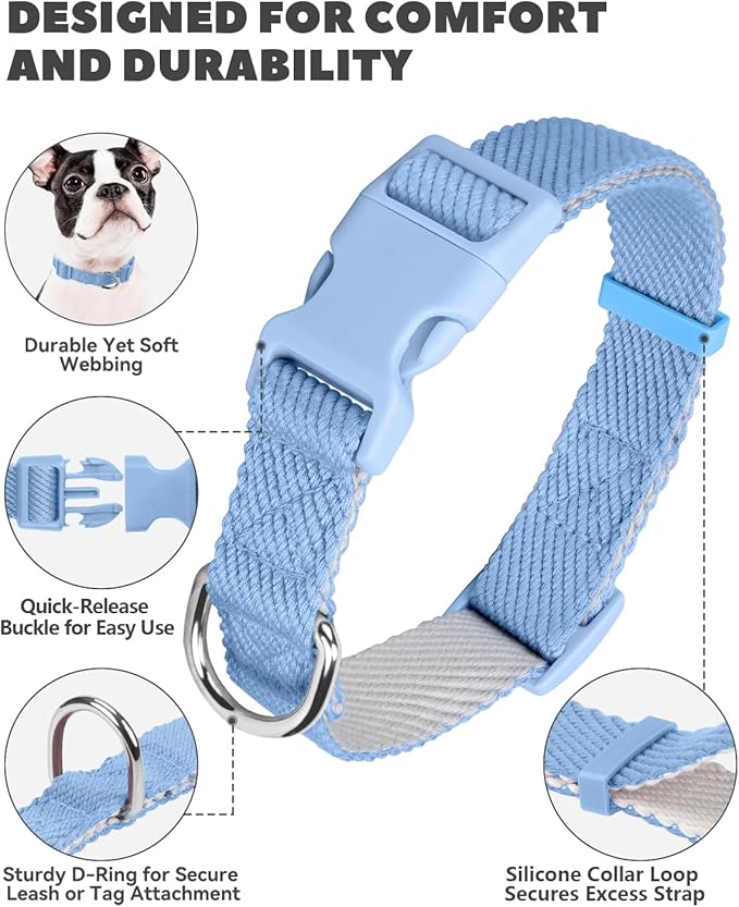 Dynmeow Soft and Breathable Cotton Dog Collar, Durable Adjustable Heavy-Duty Boy Pet Collar with Quick-Release Buckle, Lightweight for Sensitive Skin for Medium and Large Dogs, Light-Blue, M