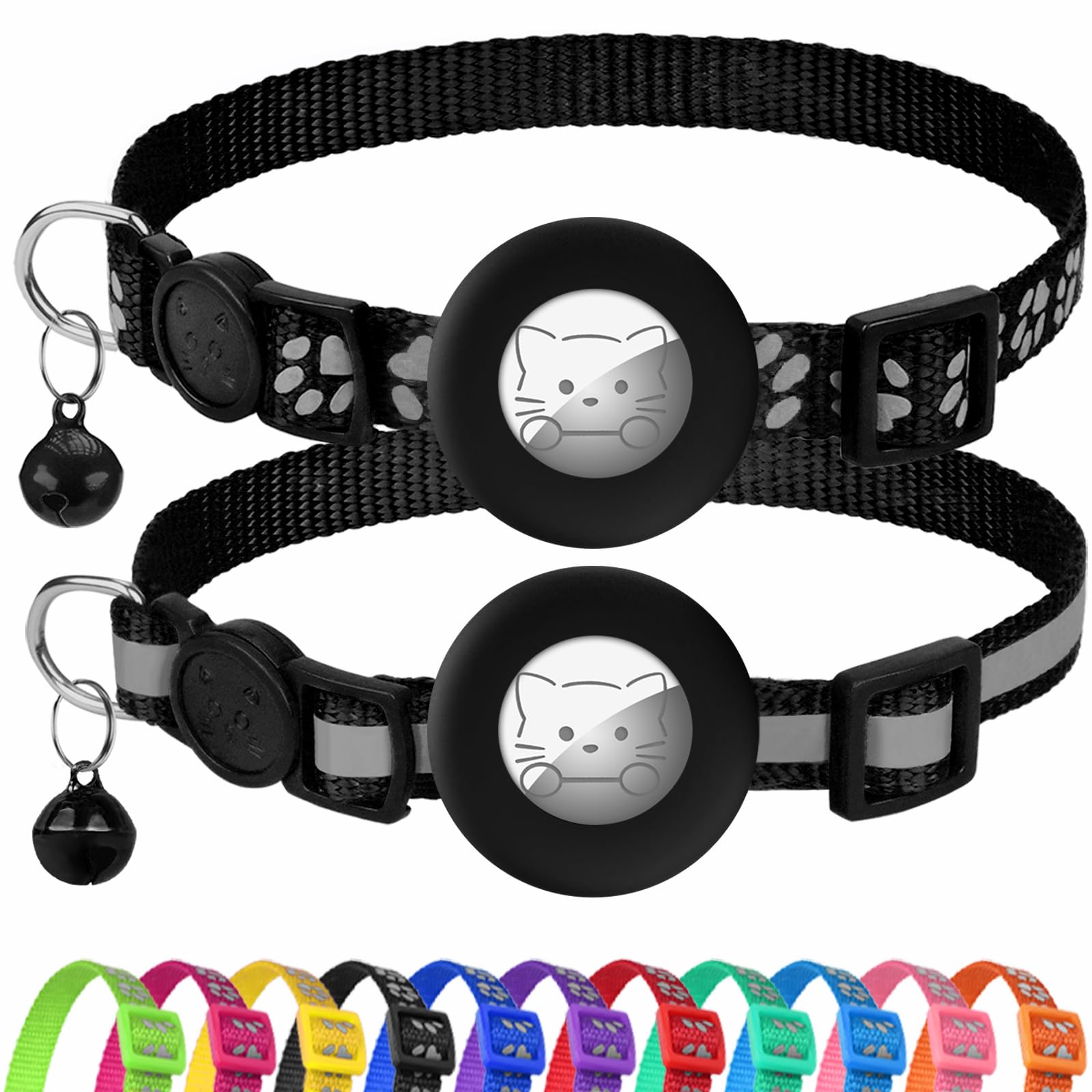 Joytale 2 Pack Reflective Airtag Cat Collars with Breakaway Buckle, Black