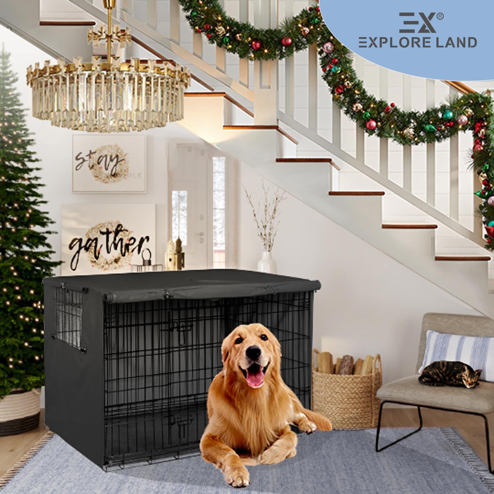 Explore Land Dog Crate Cover Heavy Duty Polyester Pet Kennel Sunshade Universal Fit for 54 inches Wire Cage (Black)
