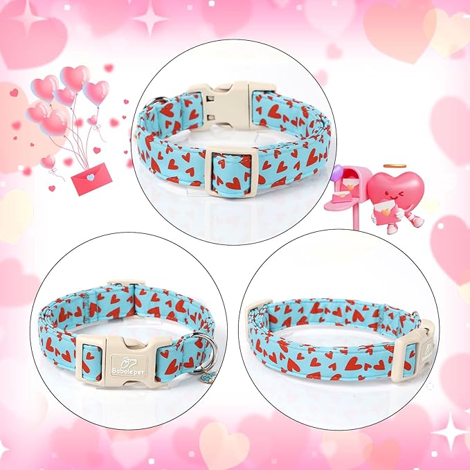 Babole Pet Valentines Dog Collar for Large Dogs - Cute Valentine Blue Dog Collars, Adjustable Puppy Red Hearts Collar with Quick Release Buckle for Boys&Girls Dogs L