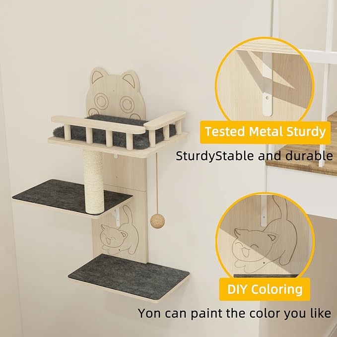 HHOFURN Cat Wall Shelves, 3 Platform Kitten Wall Furniture, DIY for Painting Cats Scratching Post with Sisal Scratching Post and Ball Toy