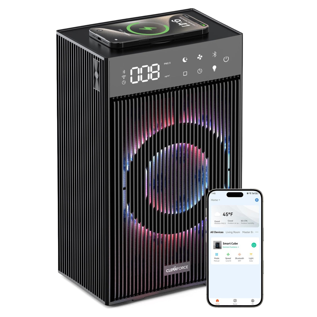 CleanForce Air Purifier for Large Room up to 2,250 ft², H13-Grade HEPA Filtration & Activated Carbon Layer, Captures Dust, Pollen, Smoke & Pet Dander | Smart App & Alexa | Blue, Rainbow Series